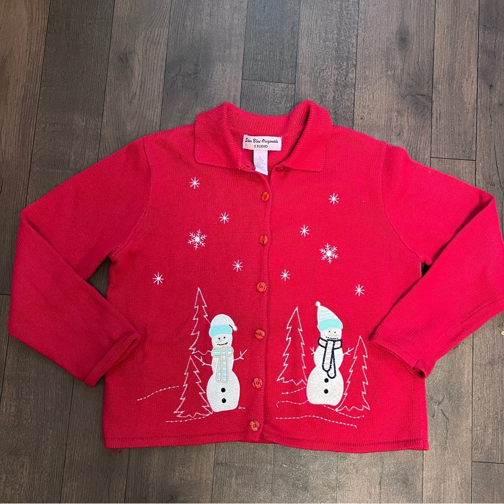 VTG Star Blue Originals Red Christmas Embroidered Snowman Cardigan Women’s Large